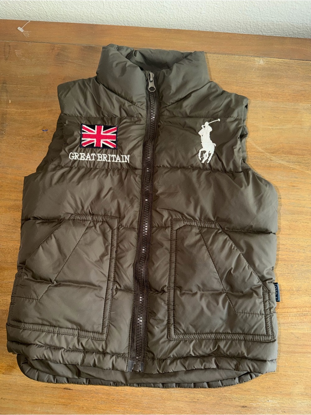 Polo by Ralph Lauren Boys Olive Brown Puffer Vest with Union Jack & Polo Player